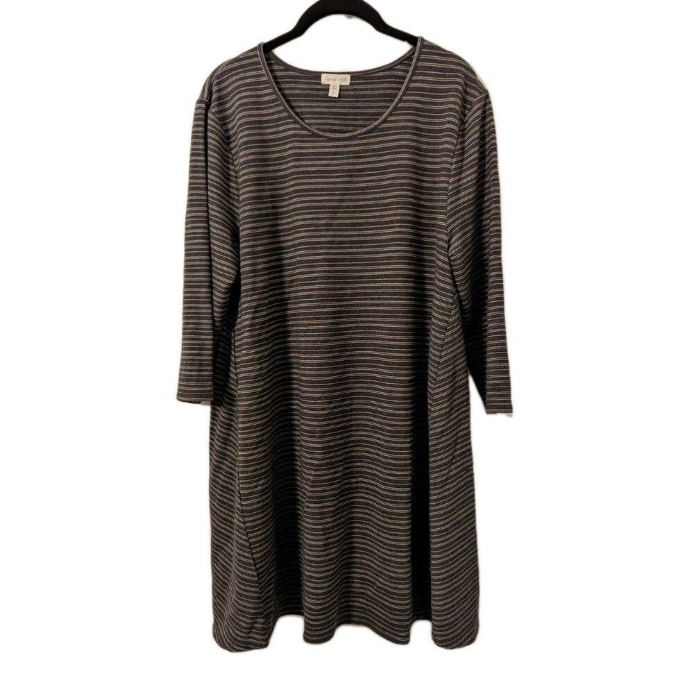 Garnet Hill Dress Gray Striped Lyocell Spandex 3/4 Sleeve Stretch Knit